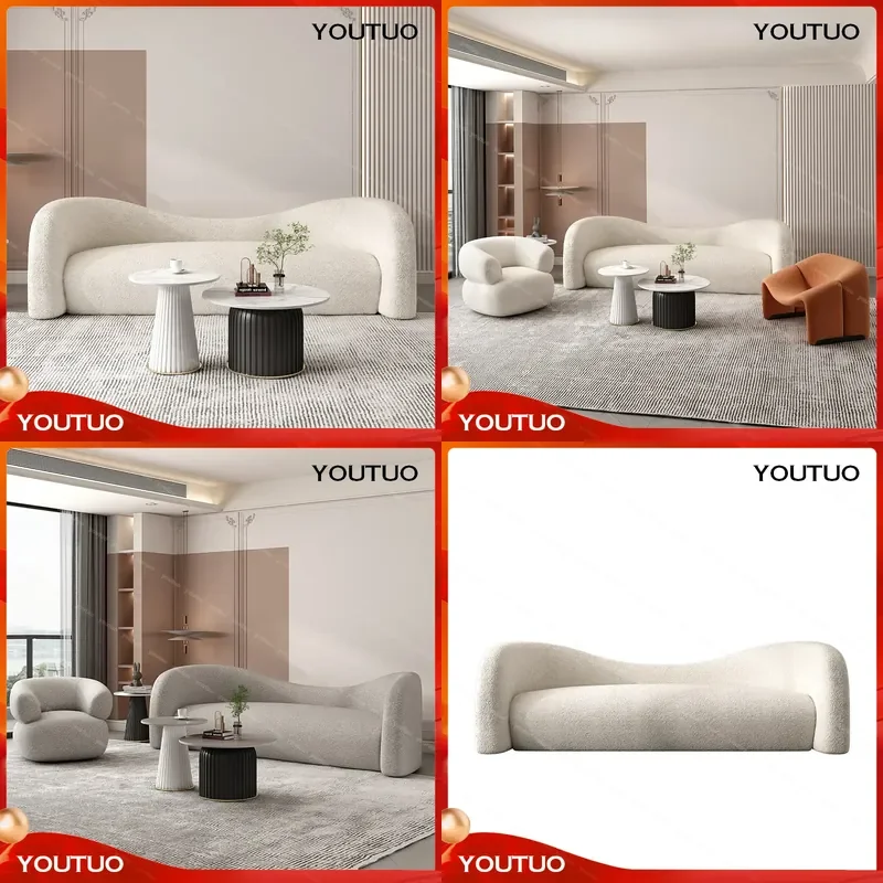  Cream Wind Cloud Curved Lamb Wool Sofa Group Living Room Home Light Luxury Internet Celebrity Straight Lazy Sofa