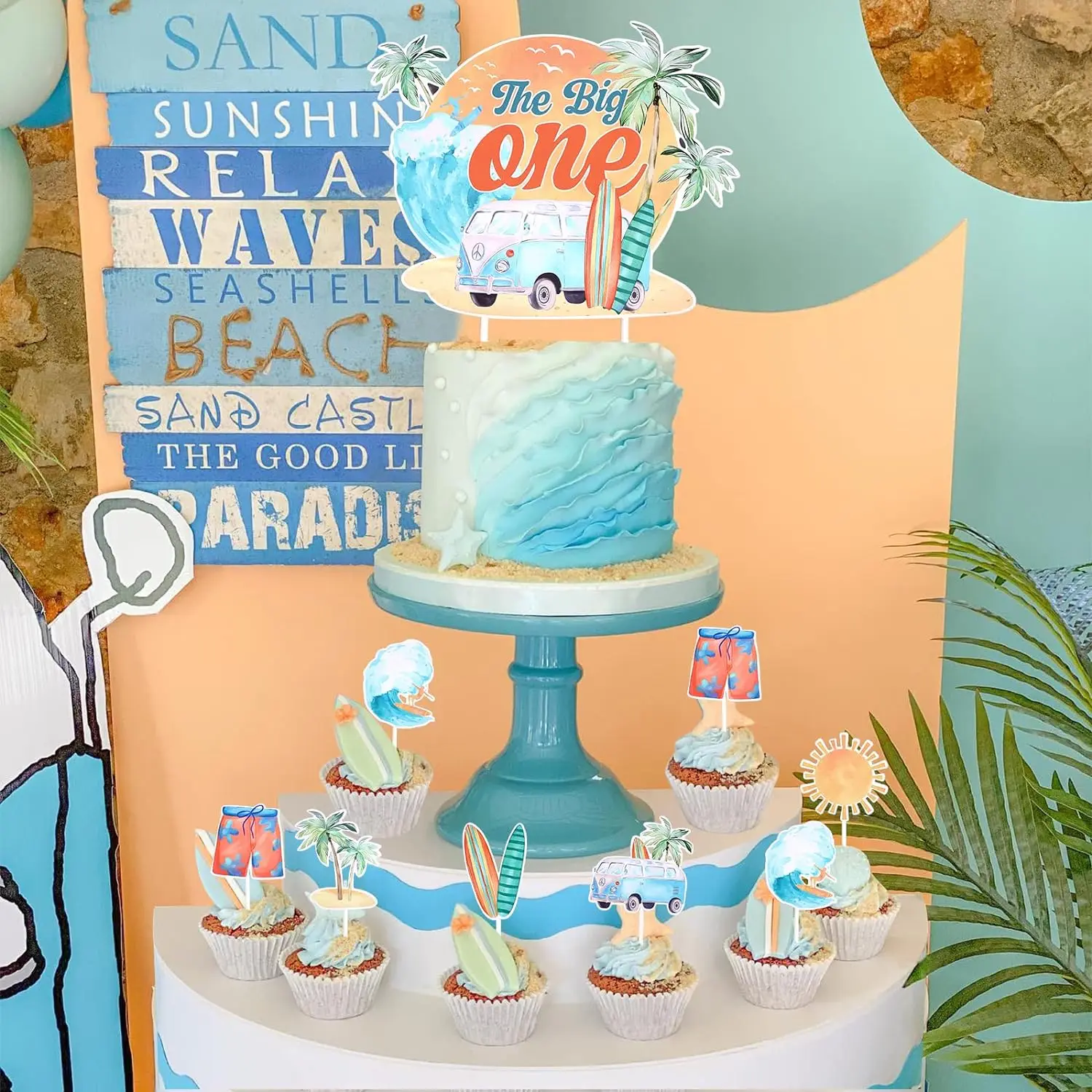 25Pcs The Big One Surf Cake Toppers for 1st Birthday Summer Beach Birthday Decor for Boy Girl’s First Birthday Party Supplies
