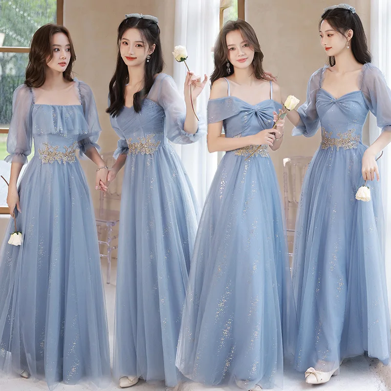 Blau Brautjungfer Kleid Elegante Französisch Abend Gonws 4 Styls Shiny Appliqué Klassische Tüll Hochzeit Gast Kleid 2022