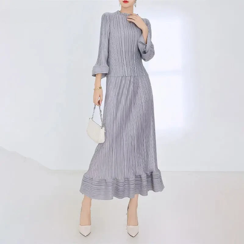 

Miyake Design Sense Fashion Solid Colour Folded Two-piece Women's Long-sleeved Top High-waisted Fishtail Skirt 2025 Summer New