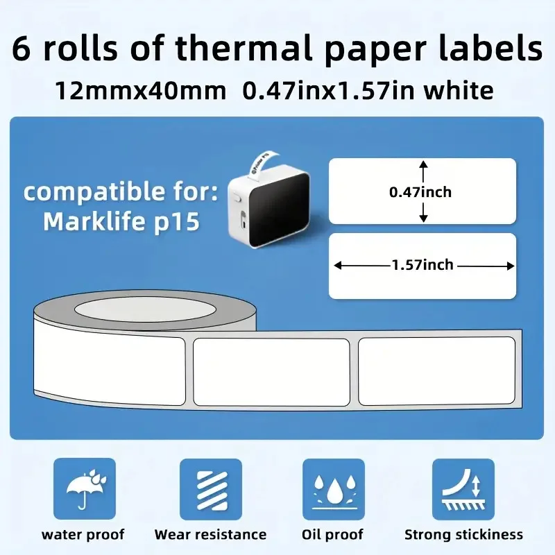 6 Rolls 12x40mm Multi-Size White Label Tape - P15 Thermal Printer Transparent Stickers Warehouse/Office/School, Christmas Labels