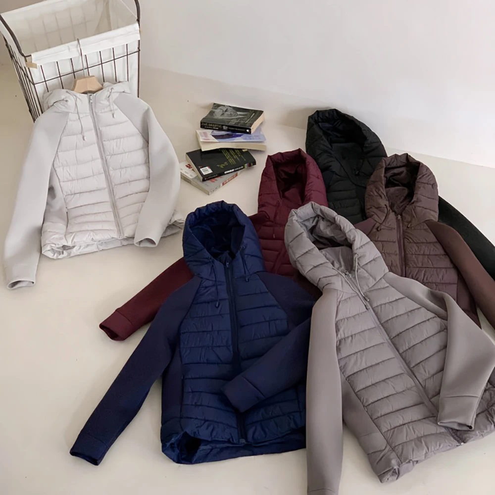 

Легкие пуховые хлопковые женские пальто 2025, новые модные лоскутные тонкие хлопковые куртки с длинными рукавами, теплое пальто с капюшоном на молнии, верхняя одежда