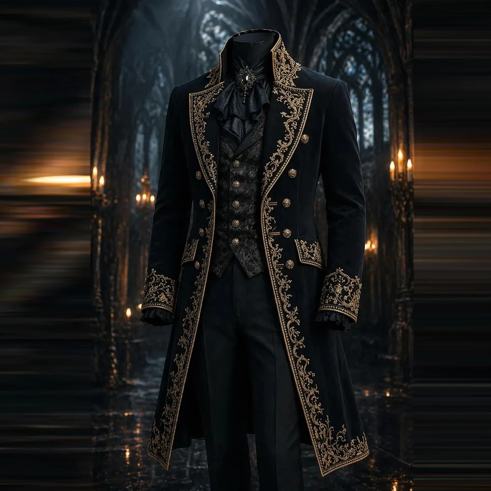 Herren Gothic Steampunk Prinzen-Frack Anzug 18. Jahrhundert Viktorianisches Rokoko Aristokraten-Gentleman Schwarzes Kostüm Ritter-Ballkleid