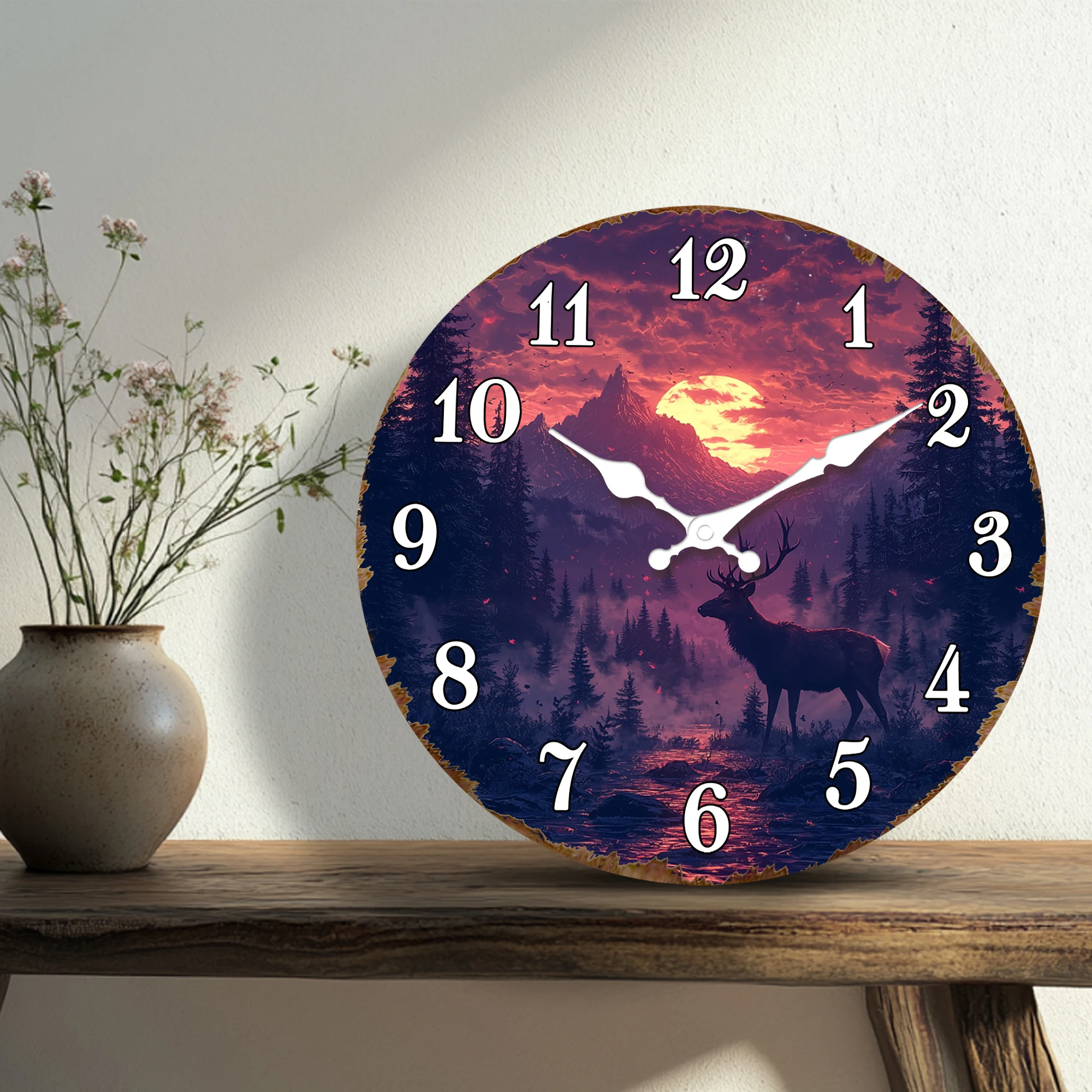 Serene Deer at Sunset Wall Clock: Round Artistic Timepiece with Majestic Deer Silhouette Against Vibrant Sunset Mountain Scene f