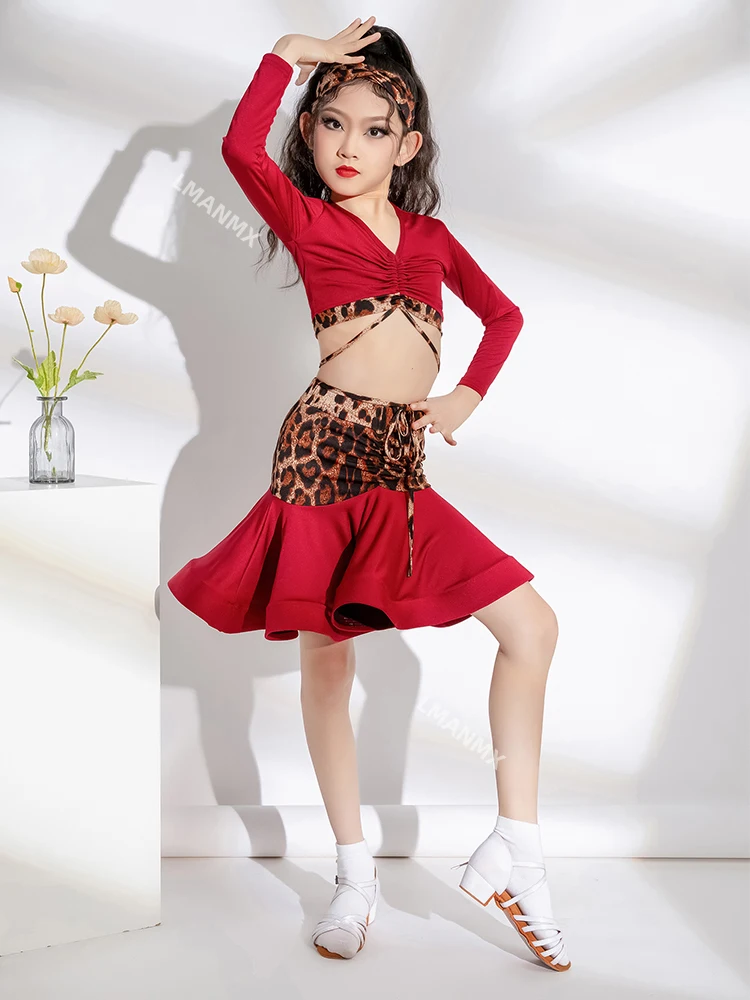 ballroom Leopard Tango Latin american Dance Costume Girls Dress Chacha Rumba Top Skirt Performance Kids Practice Clothes child