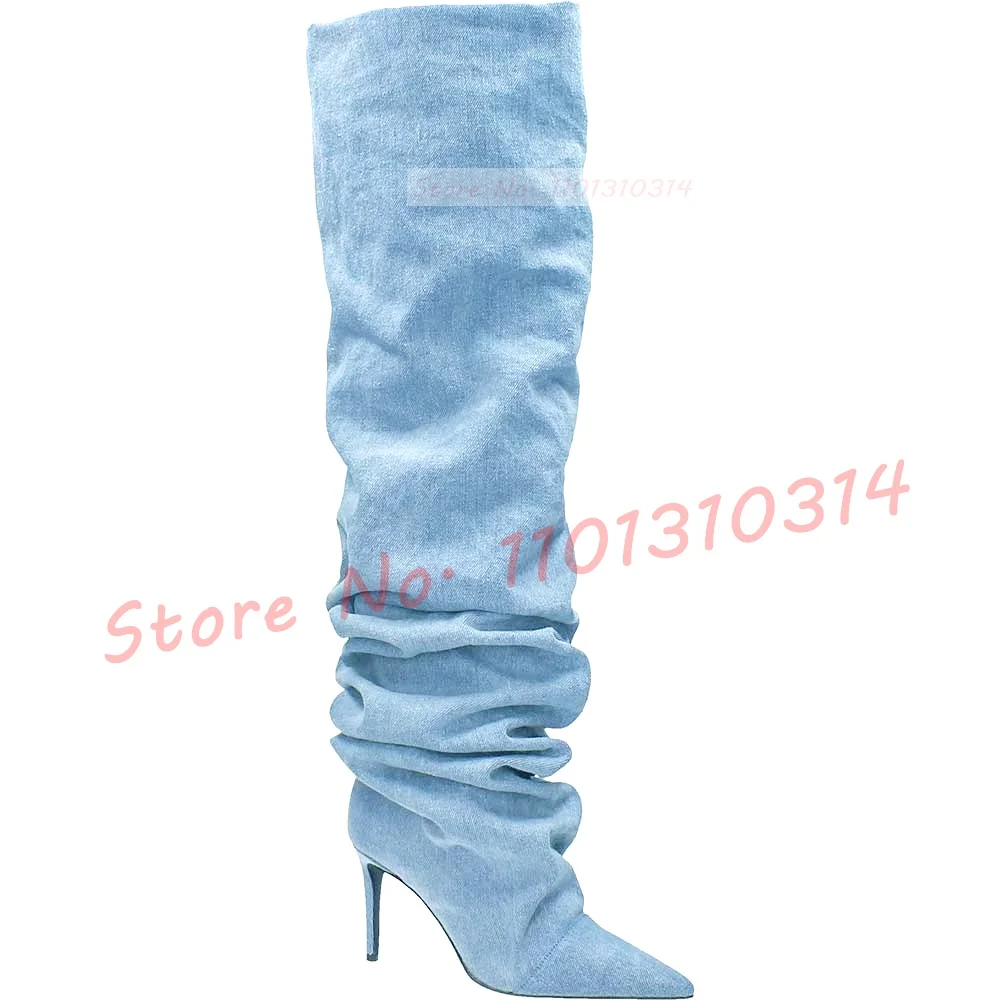 Pointy Denim Thigh High Boots Women 2023 Blue Patchwork Streetwear High Heels Pleated Shoes Spring Trends Outfit Ladies Boots