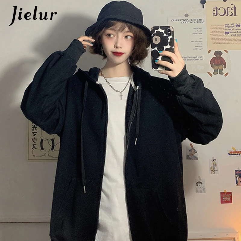 Jielur Brick Red Black Gray Hoodies Female Zip-up Tracksuit Autumn Harajuku Cool Street Fashion Women\'s Sweatshirt M-XXL