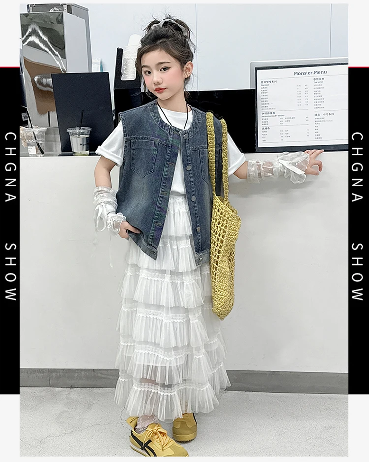 Elegante Kinder-Freizeit-Jeansweste mit Rundhalsausschnitt für Teenager-Mädchen im Alter von 5 6 7 8 9 10 11 12 13 14 Jahren, ärmellose Jacke, Weste. – Detail 4