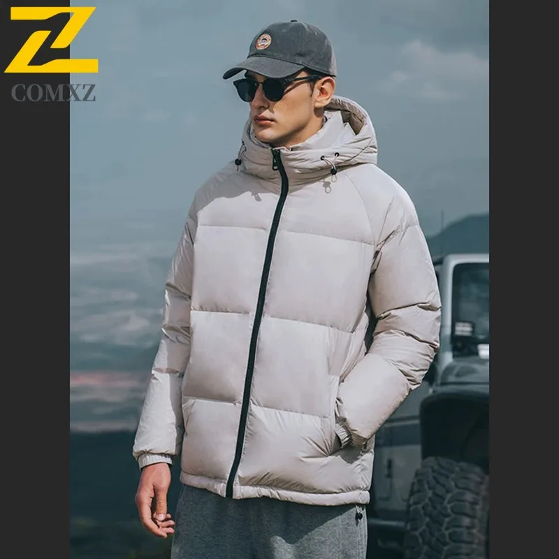 COMXZ Men's Down Jacket 2025 Solid Color Cold-Resistant Casual Sporty Skiing Parker Coat Urban Hooded Comfortable Padding Coat