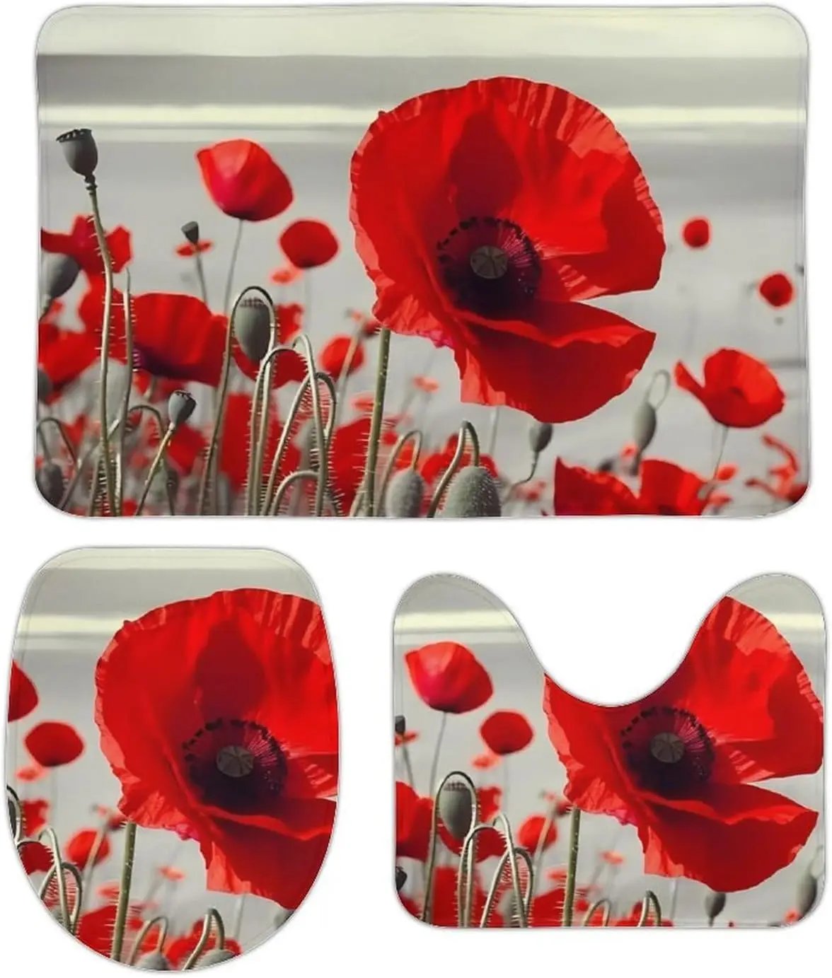 3 Piece Bath Rug Set Non Slip Absorbent Bath Mat Contour Mat with Toilet Lid Cover Red Poppy Flower Soft Floor Mats for Bathroom