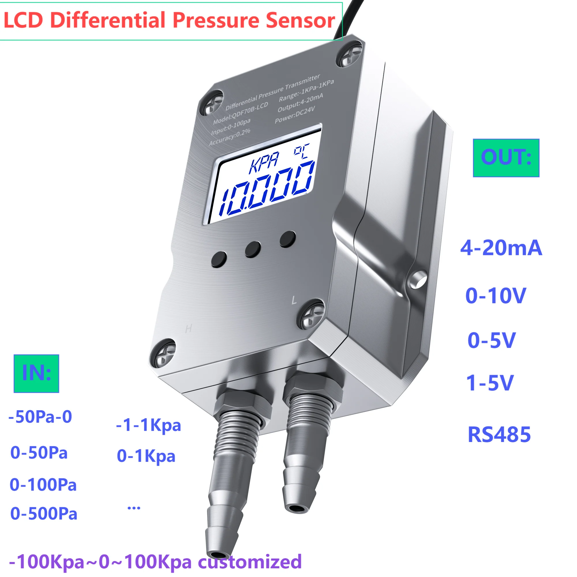 

LCD Differential Pressure Transmitter 0-10V 0-5V 1-5V RS485 Wind Pressure Sensor 0-2Kpa 50Pa 200Pa 300Pa -10Kpa Air Pressure