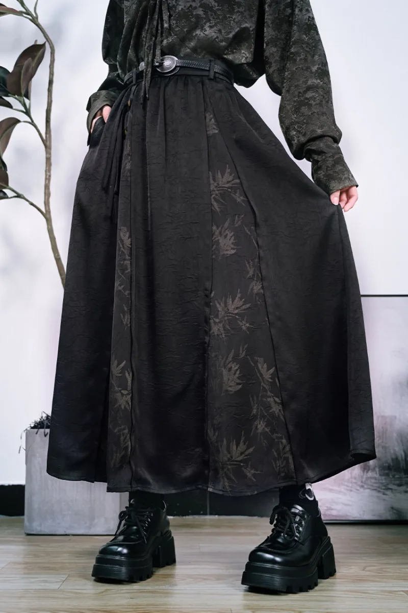 Style National Patchwork bambou motif imprimé taille haute minceur gland noir jupe longue pour les jupes décontractées chinoises pour les femmes