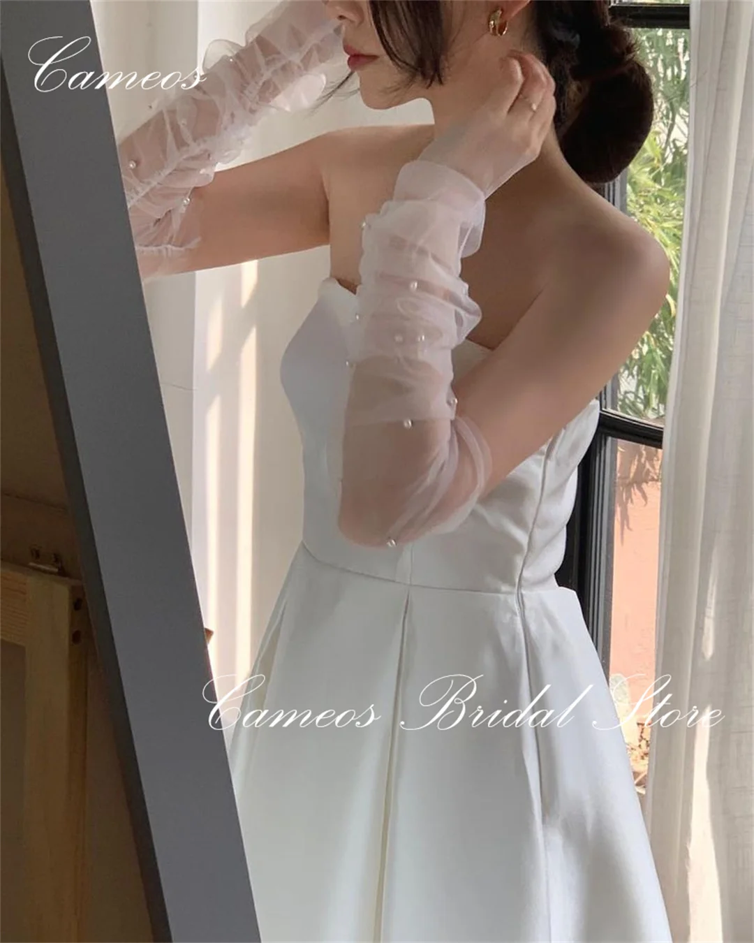 SONDR Korean Long Sleeves Wedding Dress Strapless Custom Made Formal Prom Dress 웨딩드레스  A-Line Satin Pearls Evening Gown Bridal