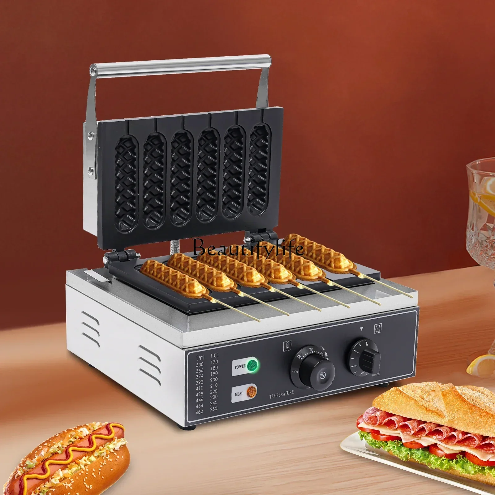 1500W  Hot Dog Machine,6 Molds,with Time and Temp Control Non-stick Waffle Maker Upper and Lower Heating Plates EU 220V