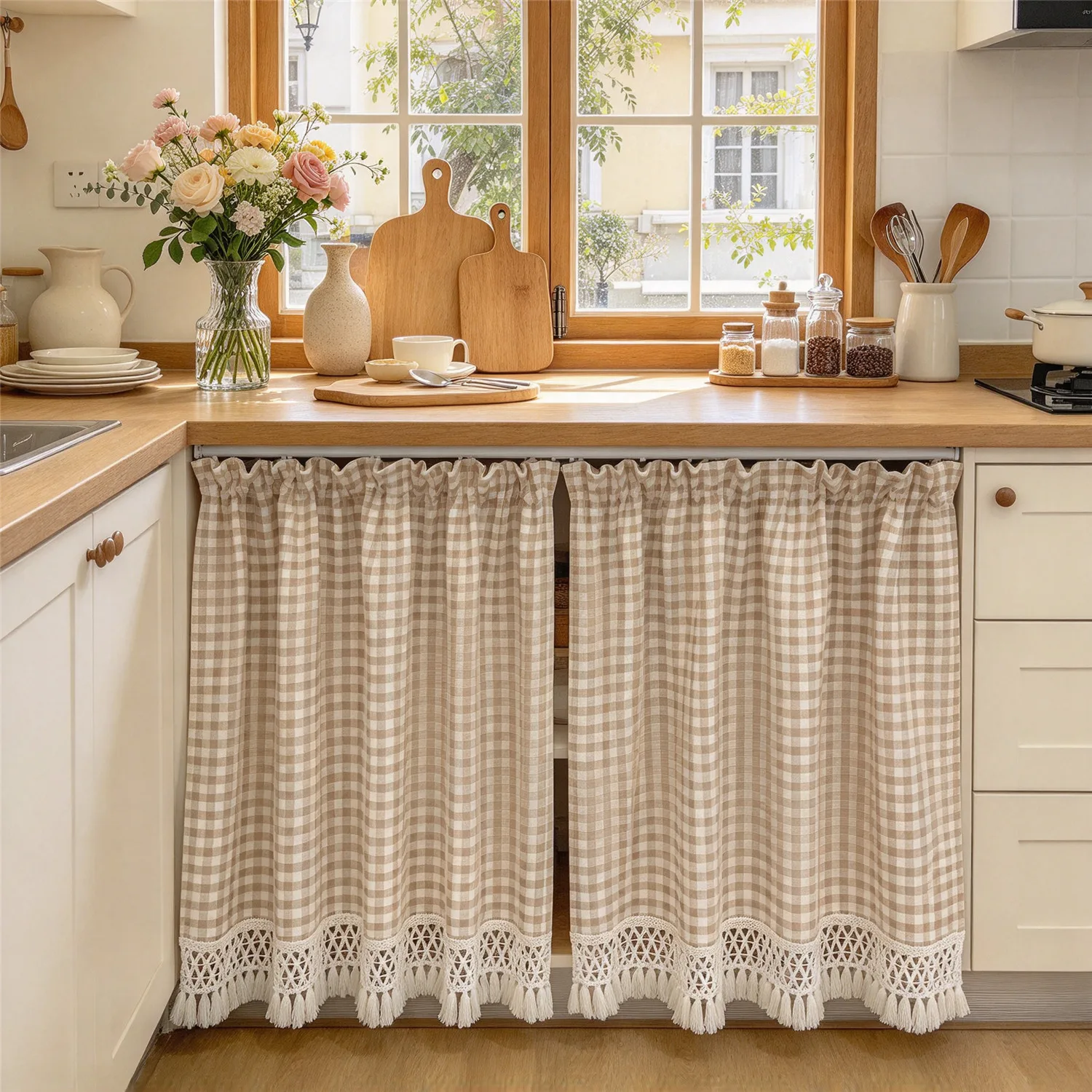 Gingham Cabinet Curtain with Tassel, Pull Pleated Tape Semi Sheer Short Window Curtain, Farmhouse Lace Trim Valance for Kitchen