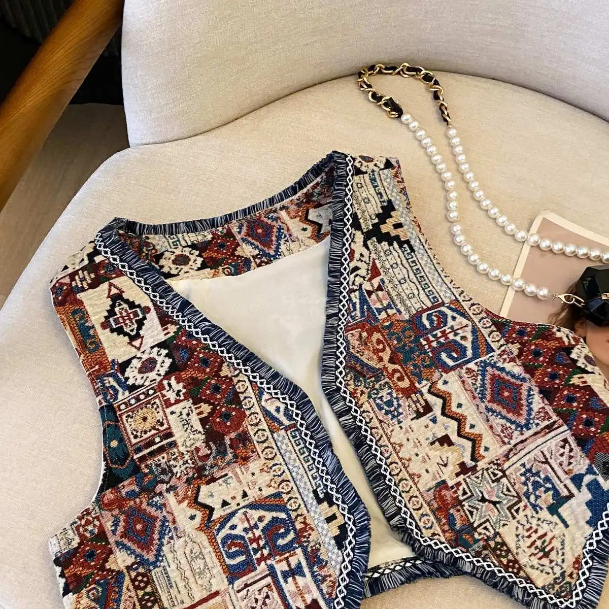 Gilet Jacquard géométrique bohème pour femmes, avec bordure à franges, flair marocain, haut court sans manches de voyage pour la prairie, pour le style ethnique