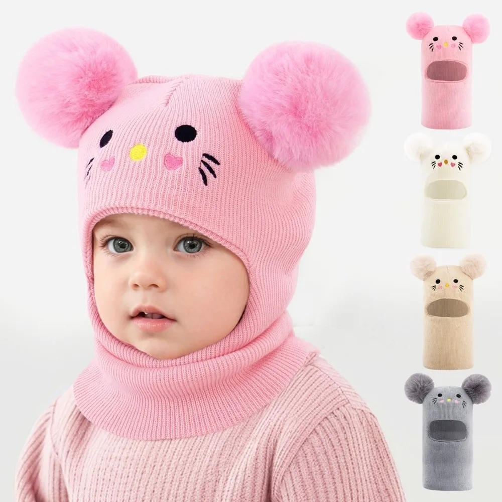

Cute Cartoon Embroidered Knitted Hat Double Pompom Windproof Ear Protection Caps Cold Proof Head Full Face Neck Cover