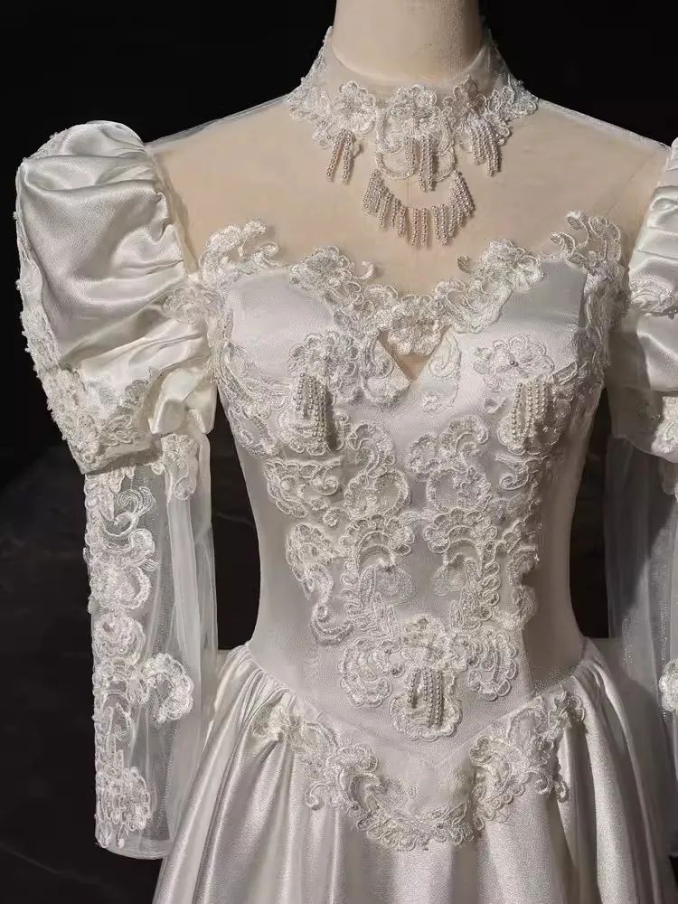 NA68 Customized Real Picture Long Sleeve Wedding Dresses High Neck Lace Applique Covered Button Satin Bridal Gowns Women Evening