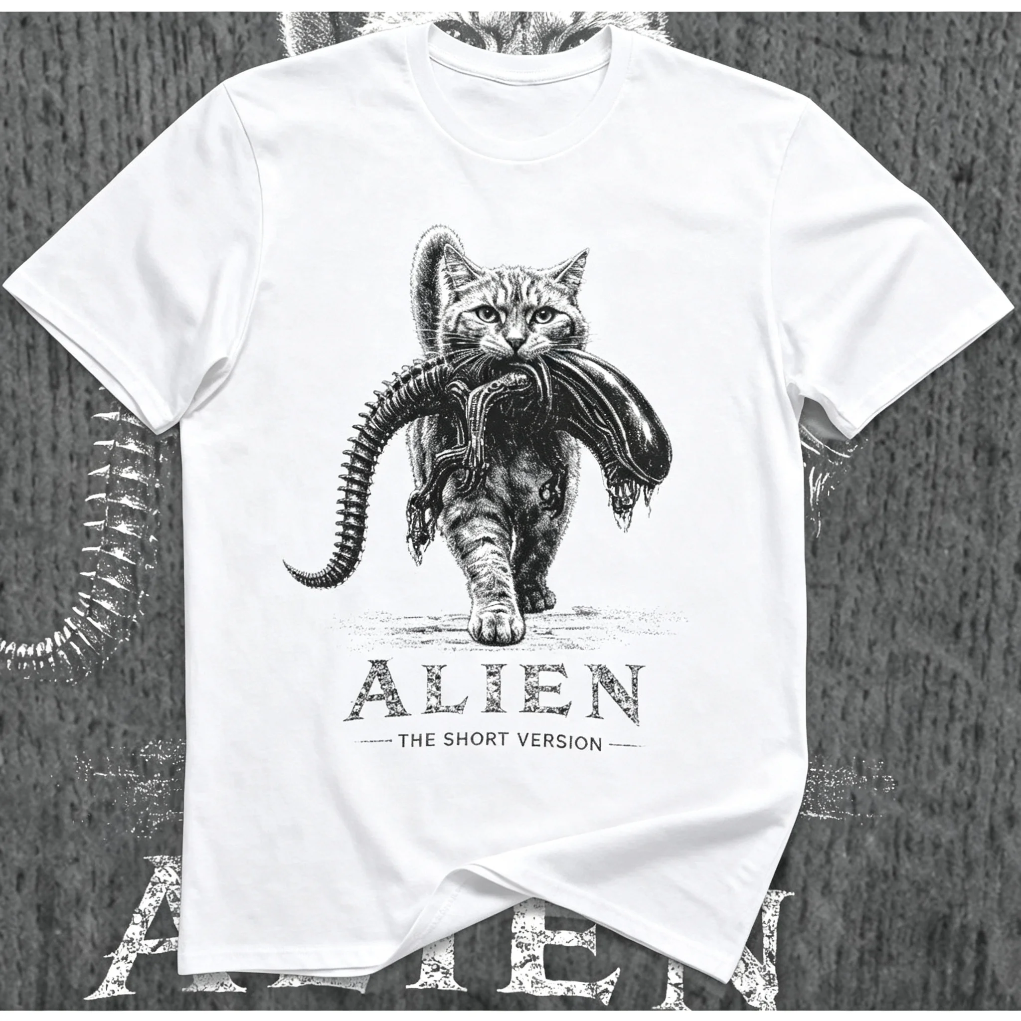 2026 New Family Matching Unisex Oversized T-Shirt Vintage Sketch Cat Holding Monster Creature Chest Front Print Streetwear Tops