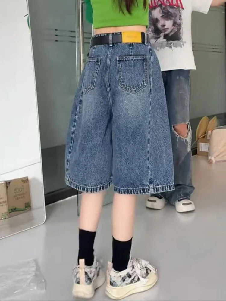 ハイウエスト A ラインブルーデニムショートパンツ女性の夏プラスサイズストレートレッグワイドレッグ 5 分丈ルーズフィットジーンズ