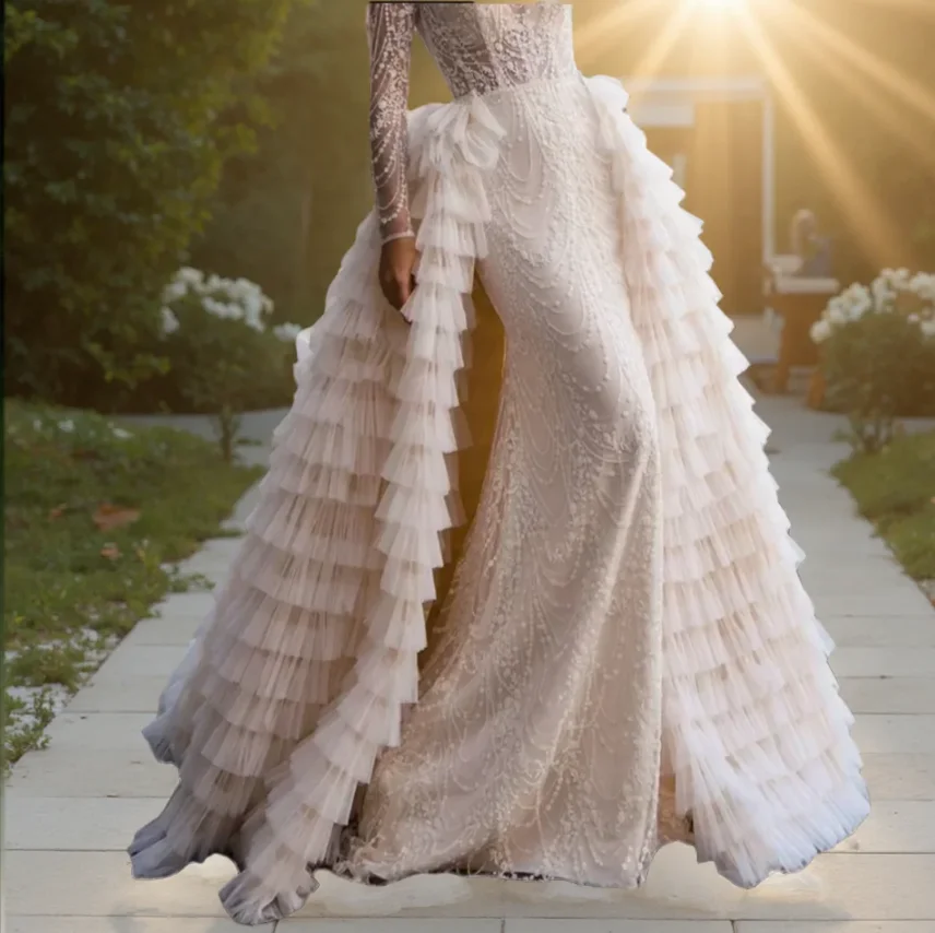 

Detachable Wedding Skirt Train Overskirt Ruffle Tulle Bridal Overlay Long Train Folded ruffled fluffy cake skirt custom