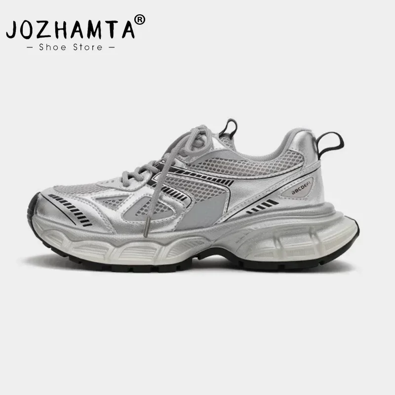 JOZHAMTA Size 35-40 Women Sneakers Leather Mesh High Heels For Women Casual Lace Up Shoes Fashion Platform Shoes Trend 2023