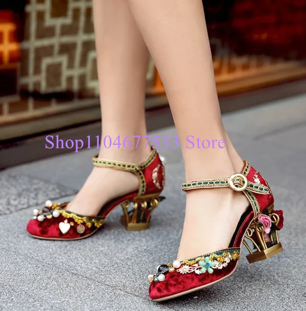 

Wine Red Birdcage Heel Crystal Woman Pumps Shoes Fashion String Beads Rhinestone Lady Wedding Shoes New Summer Sandals