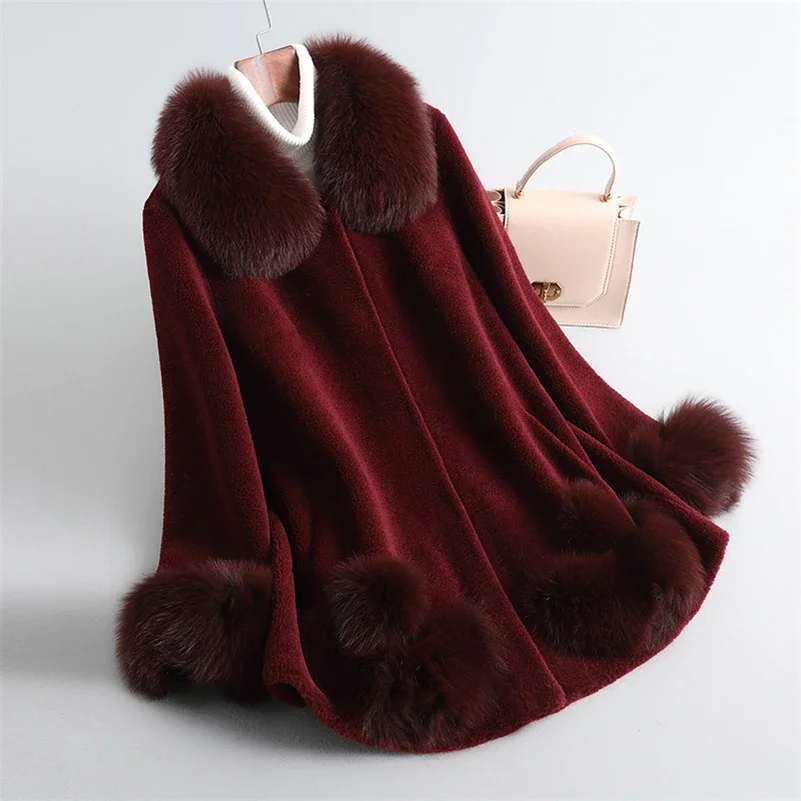 Aorice Women Real Wool Long Fur Coat parka New Winter Warm Female Fox Collar Jackets Cape CT1125