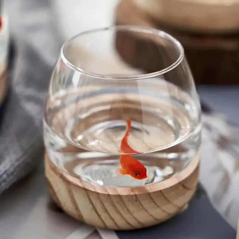 

Decorative Round Glass Fish Tank with Wooden Base - Transparent Aquarium for Goldfish & Hydroponic Plants, Stylish Home Decor