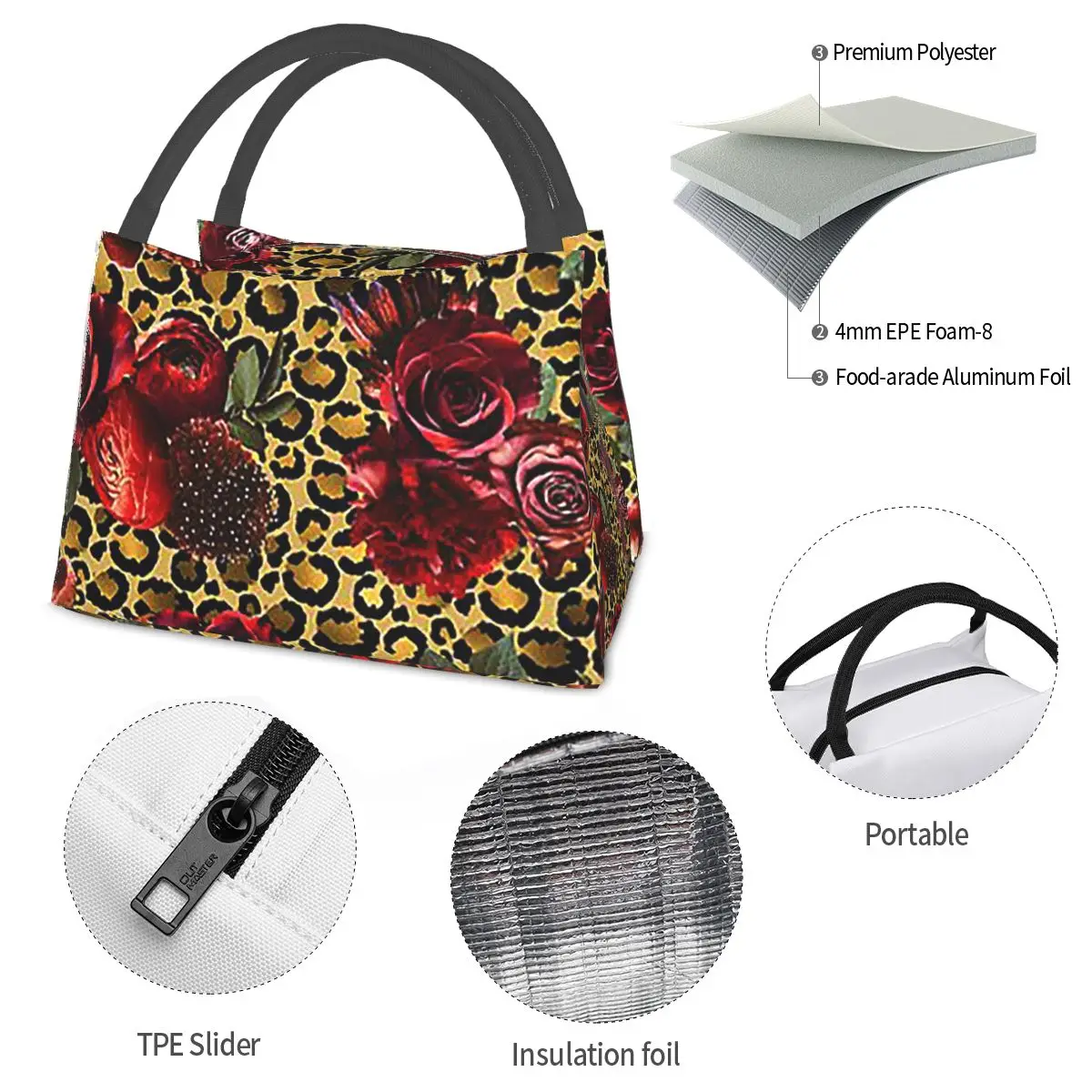 Lunchtaschen mit Rosenrotem Leopardenmuster, isolierte Bento-Box, wasserdichte Lunchtasche, Picknicktaschen, Thermotasche für Frauen, Studenten, Reisen