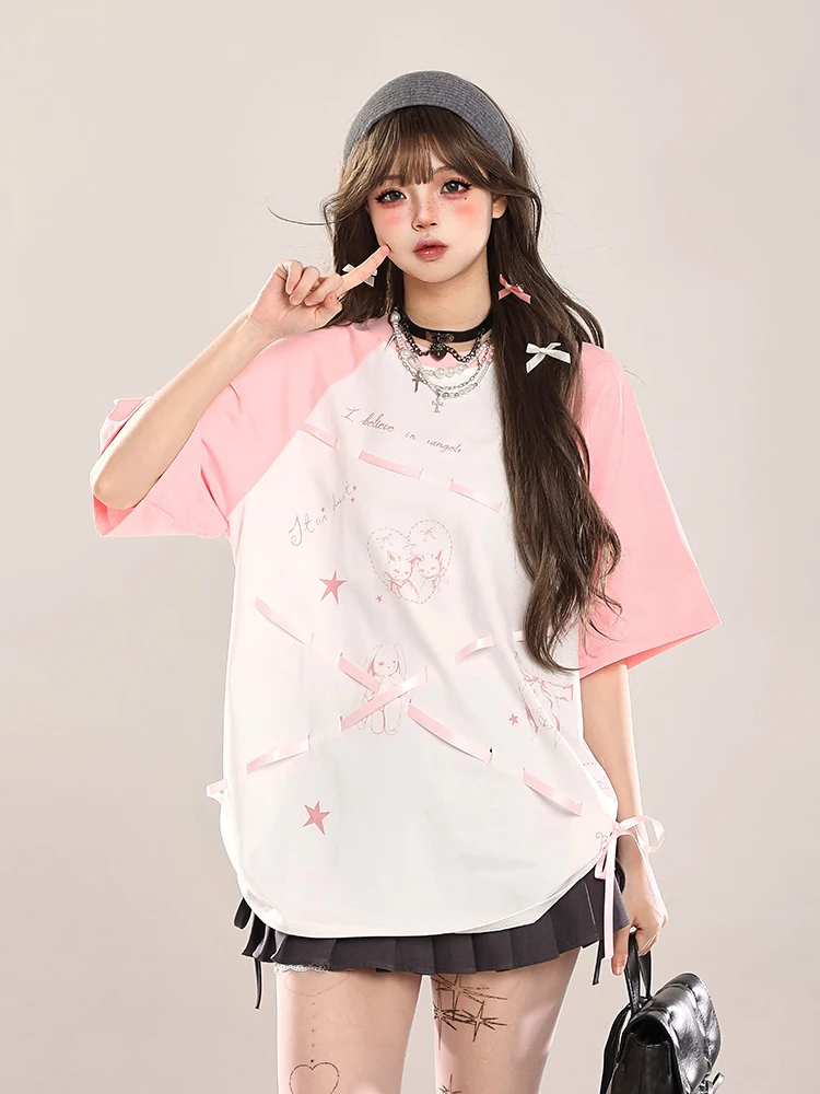 Sweet Cool Girls Y2K Top Cartoon Printed Lace-up Bow Round Collar Short Sleeve Loose Casual All-match T-Shirts Tees Women Summer