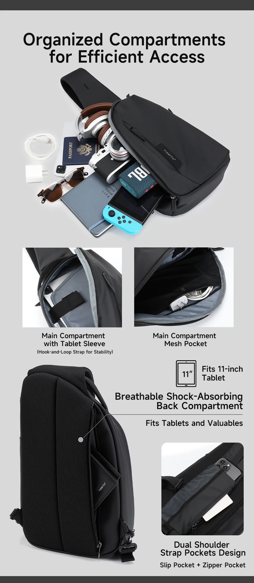 Tigernu Modische Umhängetasche für Herren, Freizeittasche für 11-Zoll-Tablets, wasserabweisende TPU-Brusttasche für Herren, Outdoor-Fahrradtasche, Seitentasche – Detail 3