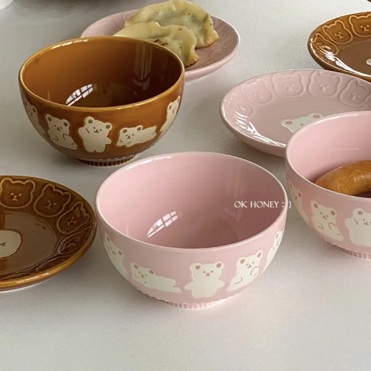 Home breakfast yogurt bowl embossed rice bowl pink cute household kitchen items dessert plate