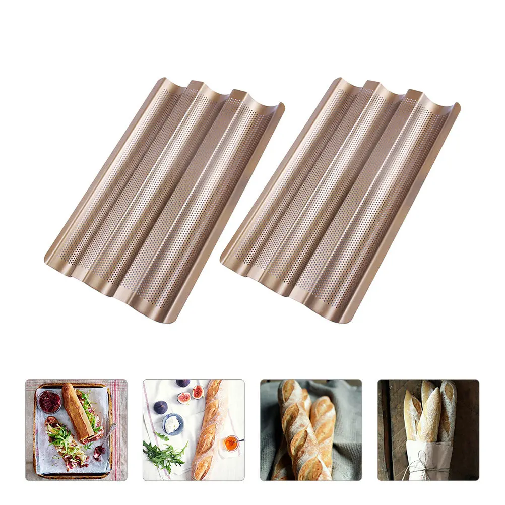 

2Pcs Bread Baking Tray Premium 3 Slot French Bread Mold Nonstick Perforated Design for Homemade Italian and French Loaf Baking