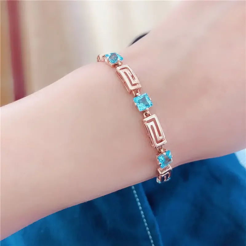 Original 585 Purple Gold Bracelet for Women Plated 14K Rose Gold Inlaid Blue Gem Square Fashion Bangles Charm Jewelry