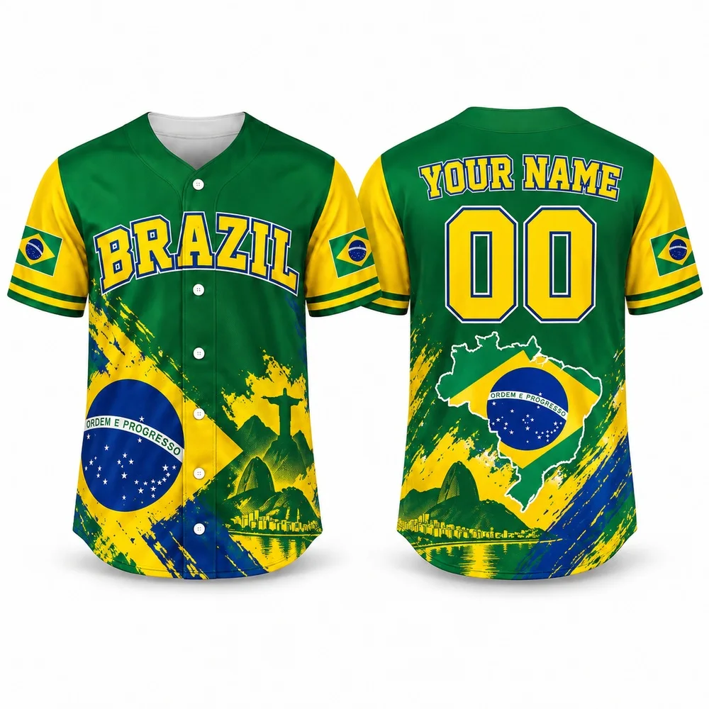 Brazil Flag Palette Shirts with Tropical Art Baseball Jersey Custom Name Number Green Yellow Jerseys Shirt for Men Women