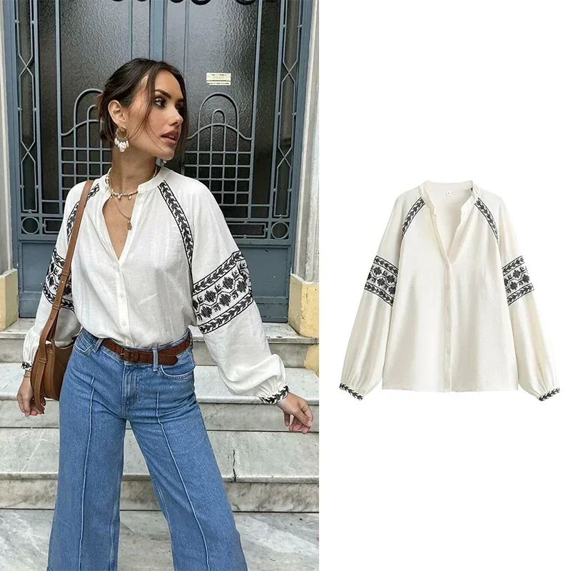 

Long Sleeve Top Oversize Blouses Woman Y2K Vintage Embroidered Loose White Blouse V-neck Summer Women 2025 Shirts Tops