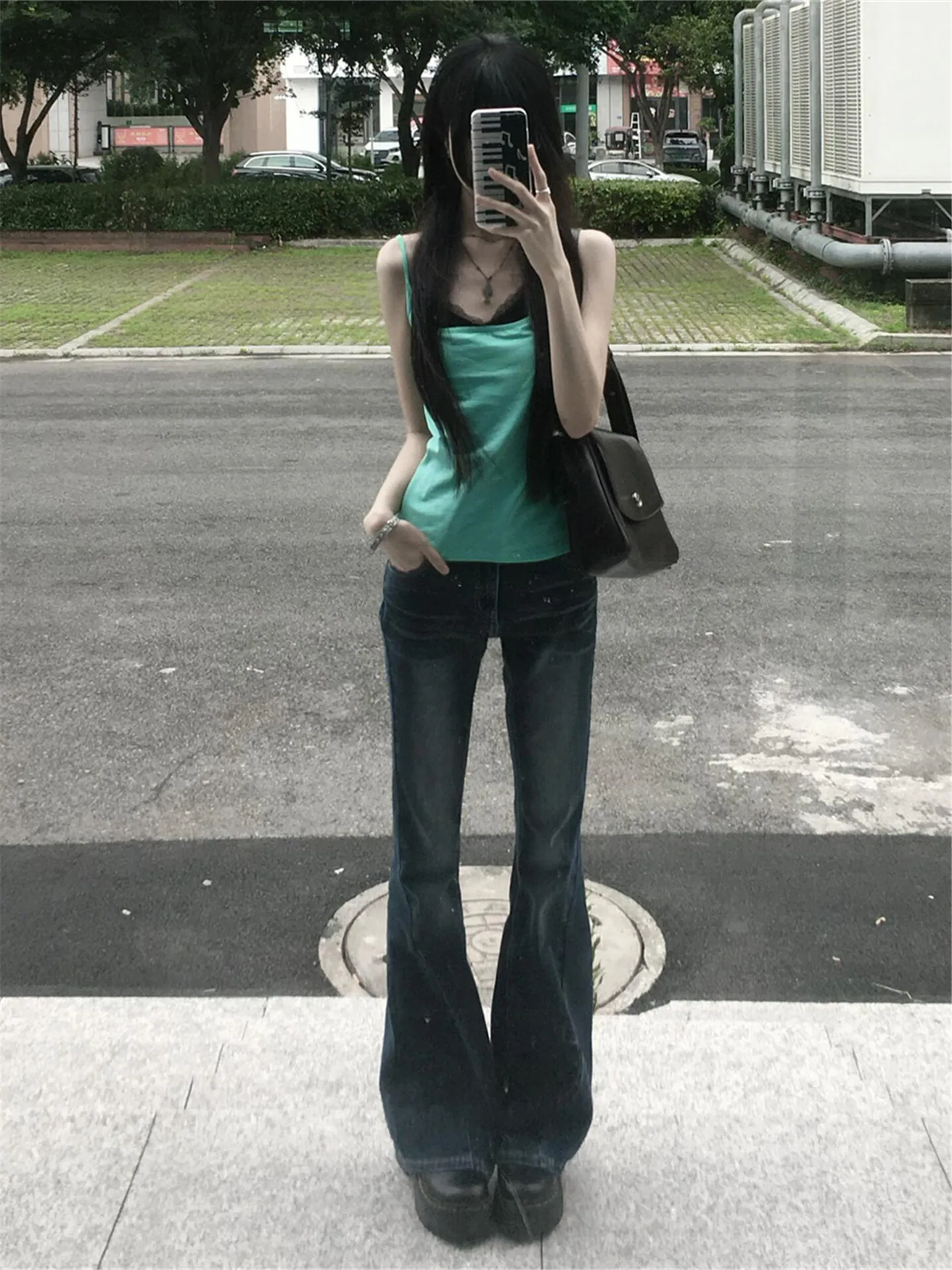 

Street Style High Waist Bell Bottom Jeans Women's Slimming Extended Length Floor Sweeping Pants Low Waist Cotton Blend