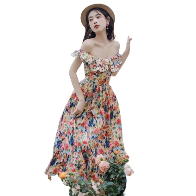 

Summer Women Cotton Lotus Leaf Collar Slash Neck Sweet Floral Print Elegant Princess Long Dress Slim Vintage Party Vestidos