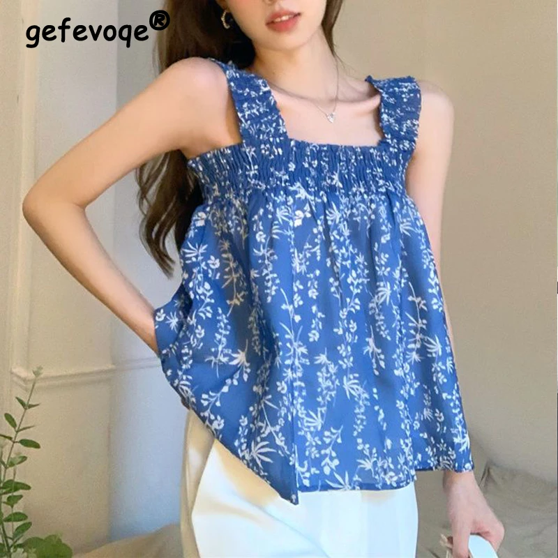 2023 Women Square Collar Floral Print Tank Tops Summer Trendy Kawaii Sweet Chic Loose Camisole Casual Streetwear Sleeveless Vest