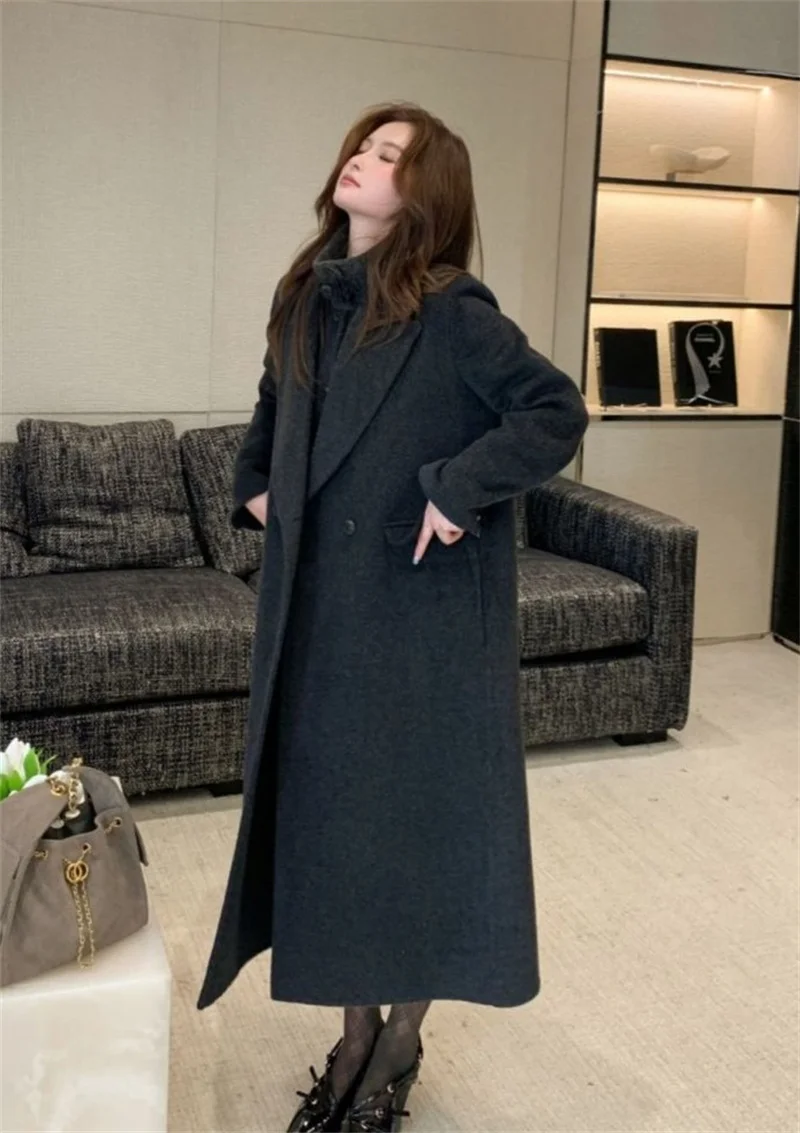 Nuovo cappotto di lana da donna 100% lana con risvolto a punta soprabito doppiopetto autunno inverno giacca lunga trench da donna