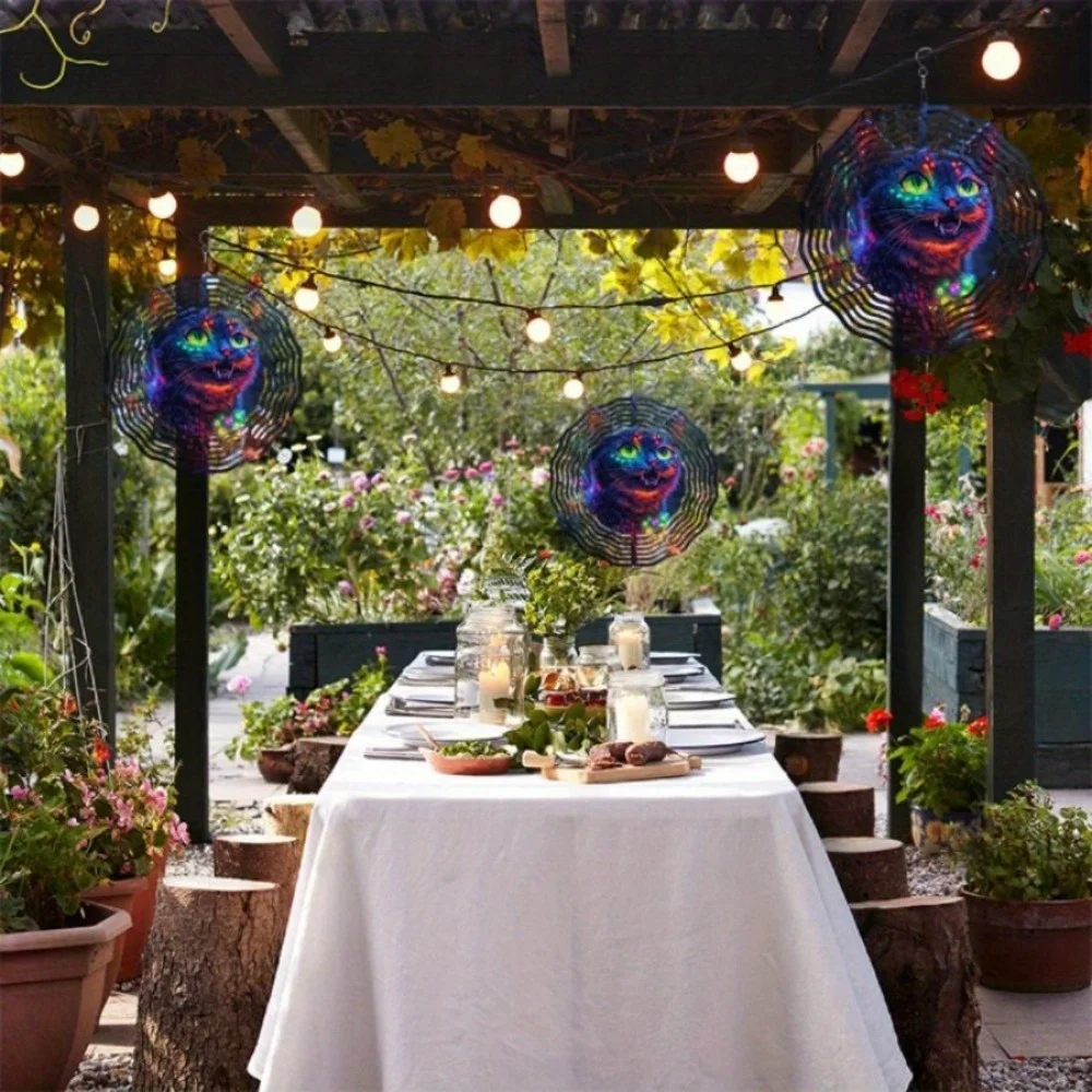 Campanella a vento in metallo con gatto blu ad energia solare (Sorriso misterioso) |   Decorazione da appendere |   Regalo ideale per Halloween e Natale