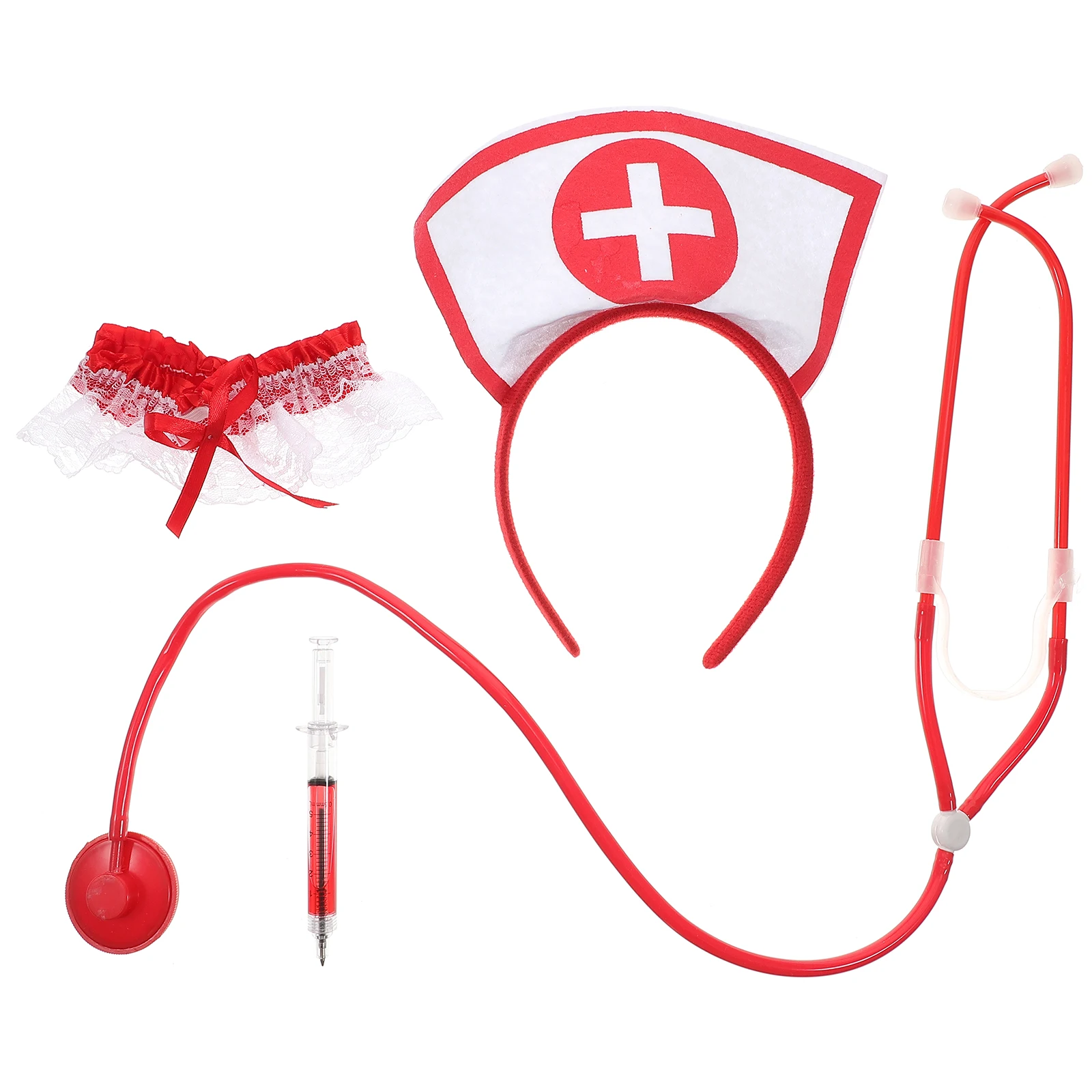 

1Set Halloween Nurse Dress Up Kit 3 Pieces Red White Stethoscope Hairband Apron Full Elastic Comfortable for Party Cosplay