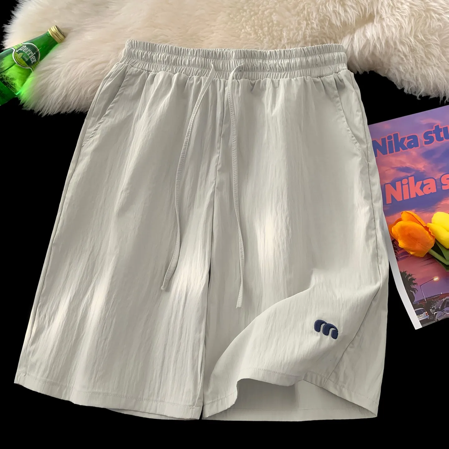 

Ice Silk Qui Dry Sports orts Men's Summer Trendy Brand Embroidered Loose Wide Leg Casual Five-Quarter Pants Drapey Feel