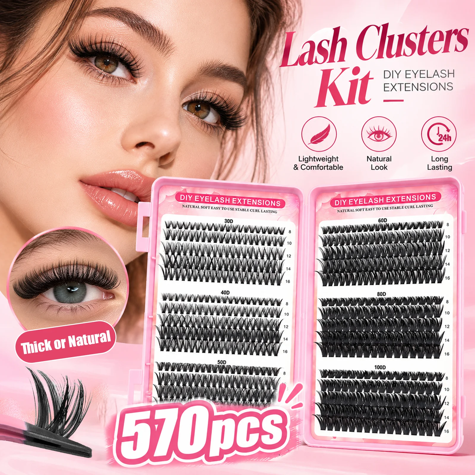 570pcs DIY Cluster Lashes Kit Mixed Length 8-16mm 30D-100D Wispy Volume Eyelash Extensions Soft Lightweight Natural