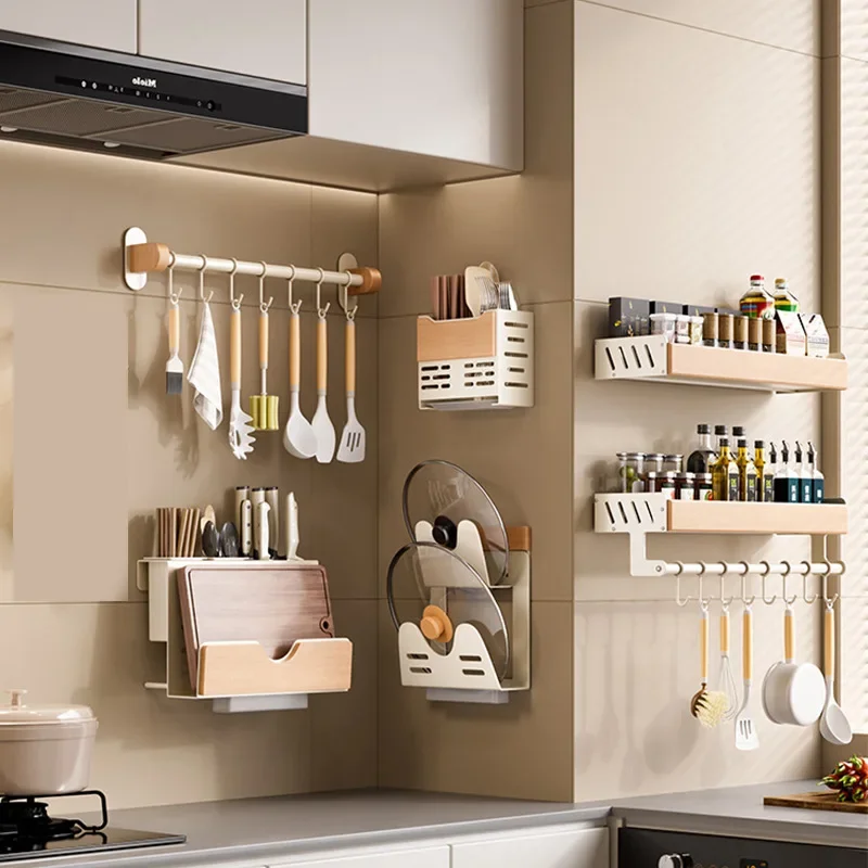 

Walnut cream kitchen spice rack knife rack cutlery tube cutting board organizer hooks bathroom shelf no punch
