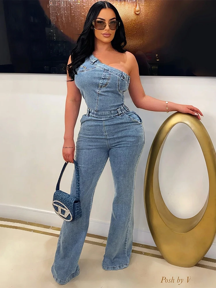 

Sibybo Sexy One Shoulder High Waist Skinny Denim Jumpsuit S Basic Solid Color Causal Sleeveless Flared Trousers Women Streetwear