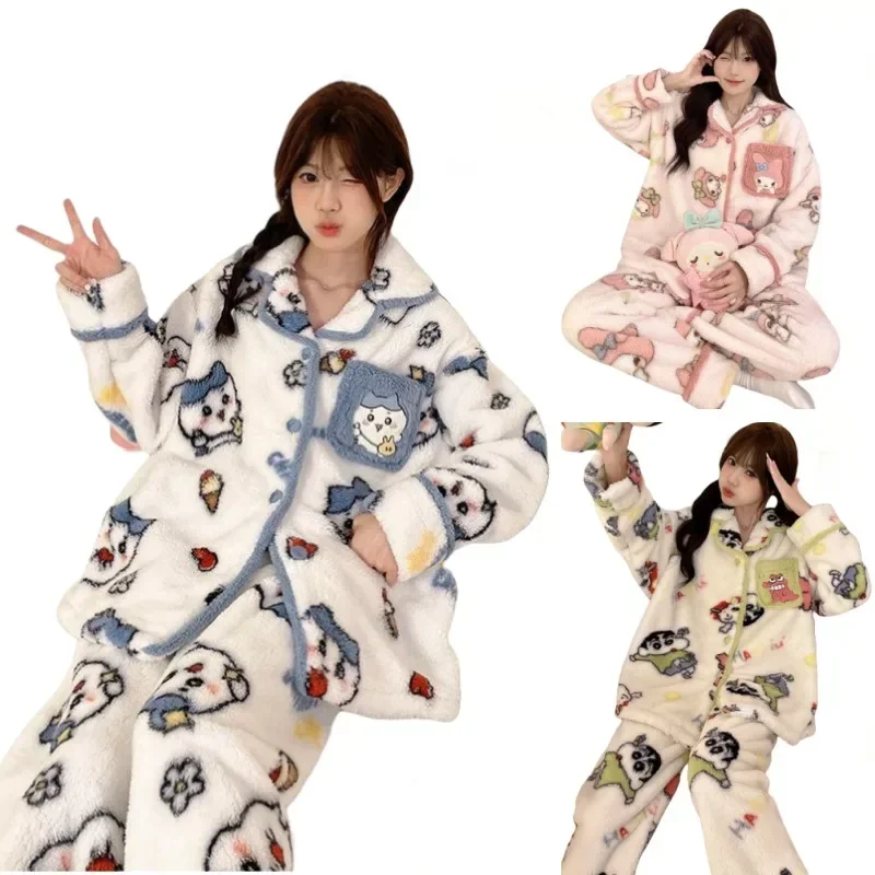 Chiikawa Hachiware Flannel Long-sleeved Pajamas Cute Cartoon Thickened Lapel Cardigan The Home Bedroom Is Comfortable and Warm