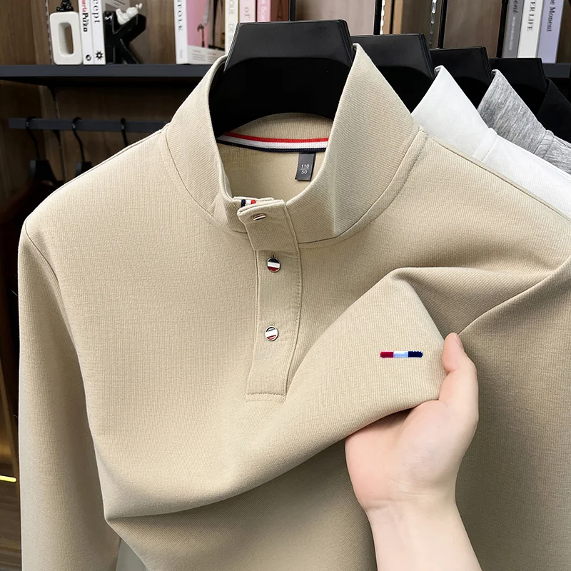 Herren-Langarm-T-Shirt mit hohem Kragen, Knopfleiste, exquisitem Muster, Stickerei, hautfreundlich, farbecht, Herbst-Freizeitmode, Herrenbekleidung – Detail 6
