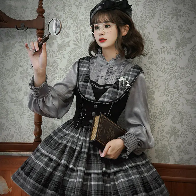 Coalfell Lolita Detective Academy Style Maillard Retro Bow Tie Long Sleeved Shirt for Women Paired with Lolita Top